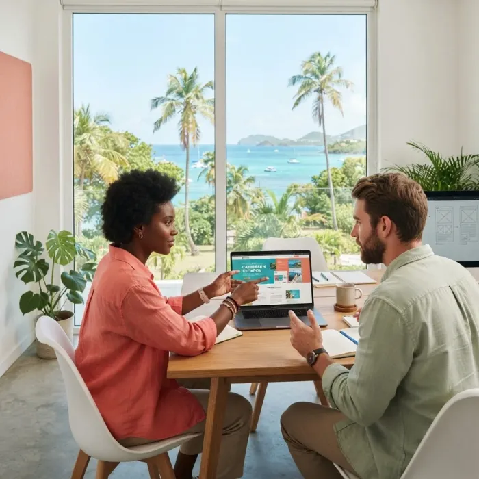 Équipe au travail avec vue sur la Guadeloupe