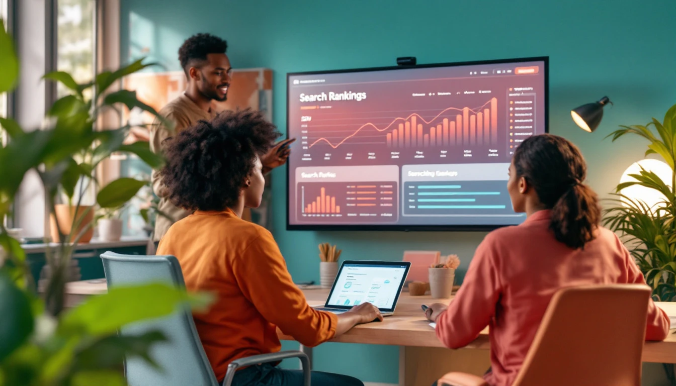 Agence SEO Guadeloupe : équipe Innotech IT analysant les positions Google sur un écran de suivi des classements