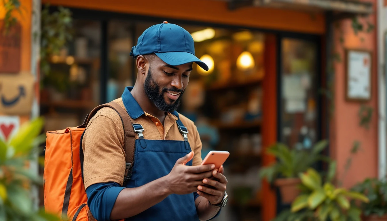 Application mobile de commerce en Guadeloupe : livreur consultant une commande devant une boutique