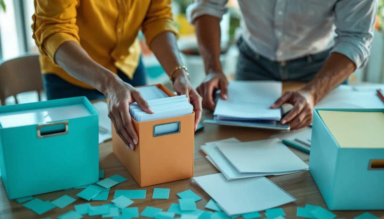Chatbot sur mesure : deux personnes en chemise jaune et grise rangent et trient des documents dans des boîtes d’archives turquoise et orange posées sur une table en bois, notes autocollantes turquoise éparpillées