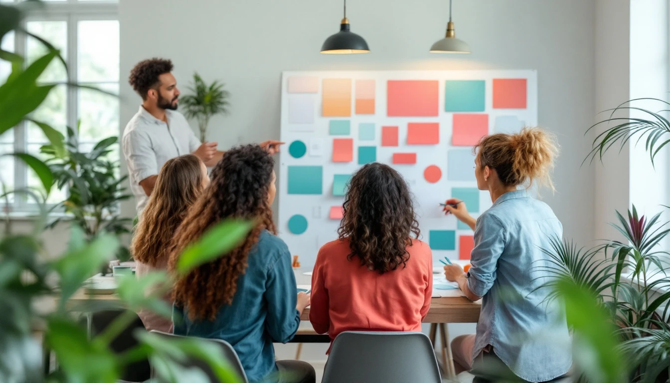 Agence de communication en Guadeloupe : équipe Innotech IT en séance de brainstorming autour d'un moodboard de marque