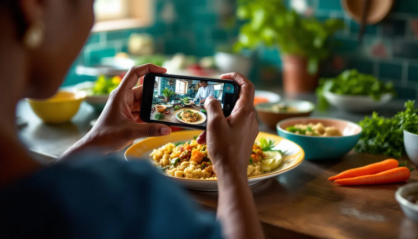Community manager Guadeloupe : gérante d’un commerce antillais photographiant ses produits avec son téléphone pour préparer les publications de la semaine