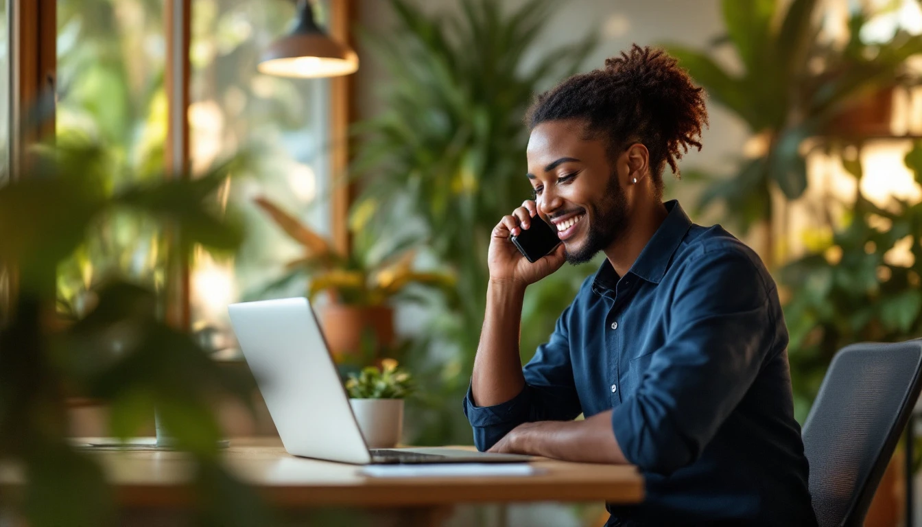 Contact agence web Guadeloupe : conseiller répondant au téléphone à son bureau, plantes tropicales