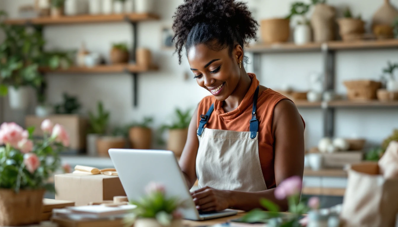 Création de boutique en ligne en Guadeloupe : commerçante préparant une commande dans son atelier