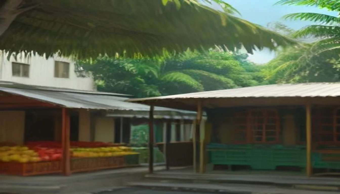 Création de site internet en Guyane : étals de fruits tropicaux sous un auvent et maisons à volets d'un bourg guyanais, palmiers au-dessus