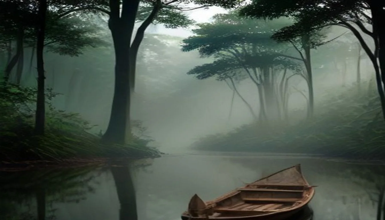 Création de site internet en Guyane : pirogue en bois sur une rivière calme au petit matin, forêt équatoriale brumeuse sur les deux rives