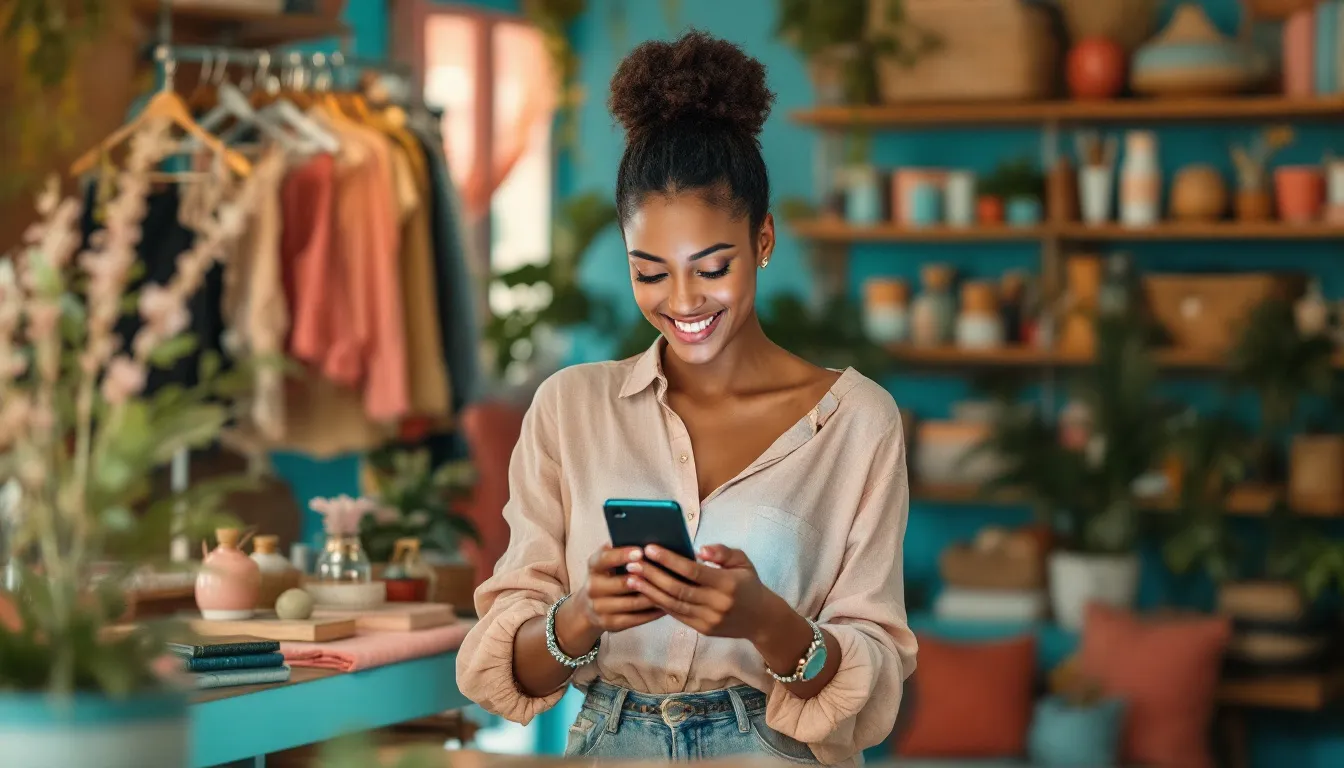 Créer une boutique en ligne en Guadeloupe : commerçante gérant sa boutique depuis son smartphone