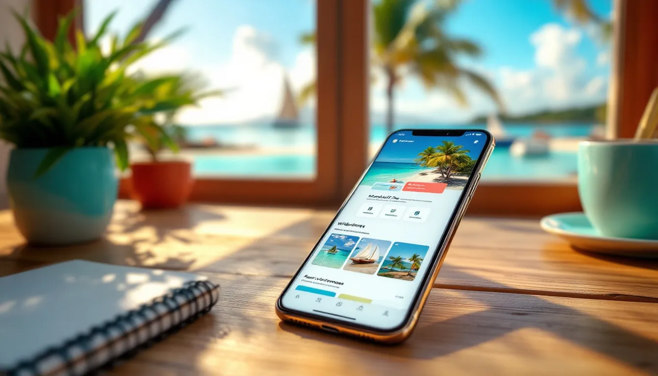 Développement web mobile Guadeloupe : maquettes mobile-first d’un site affichées sur un téléphone posé sur un bureau en bois, ciel et mer des Caraïbes par la fenêtre