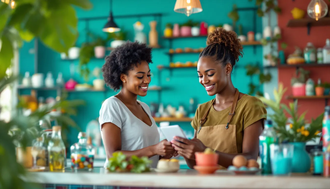 Développement web mobile Guadeloupe : commerçante guadeloupéenne remplissant un formulaire sur son smartphone derrière le comptoir de sa boutique aux étagères colorées