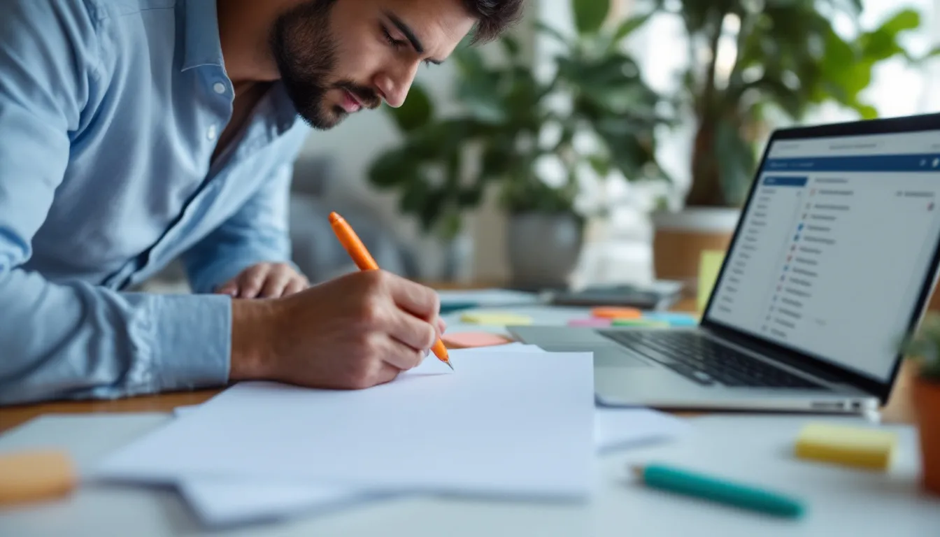 Logiciel de gestion commerciale en Guadeloupe : un responsable penché sur son bureau annote des feuilles blanches au stylo orange, ordinateur portable ouvert sur une liste de contacts floue à côté