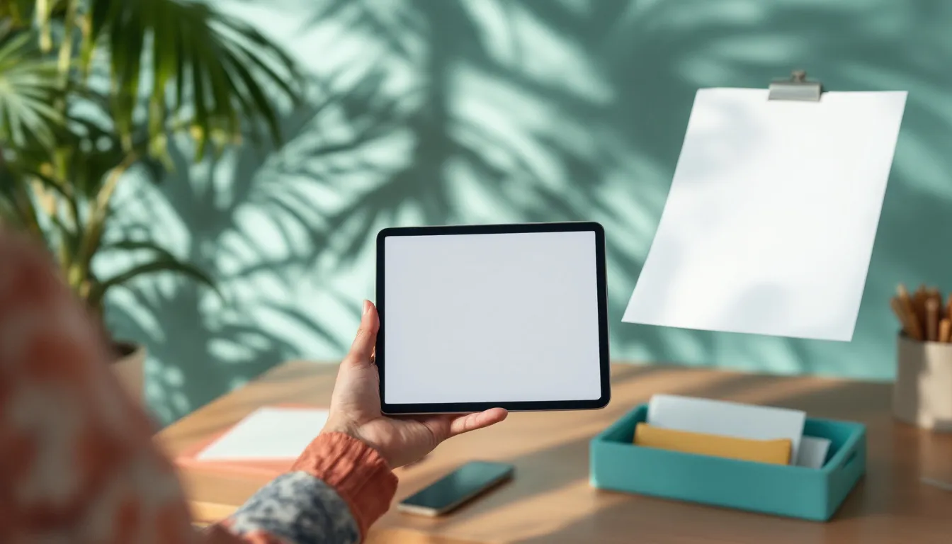 Logiciel de gestion et de facturation aux Antilles : une tablette à l’écran vierge tenue devant un mur turquoise où se dessinent des ombres de palmes, bacs corail et turquoise sur le bureau