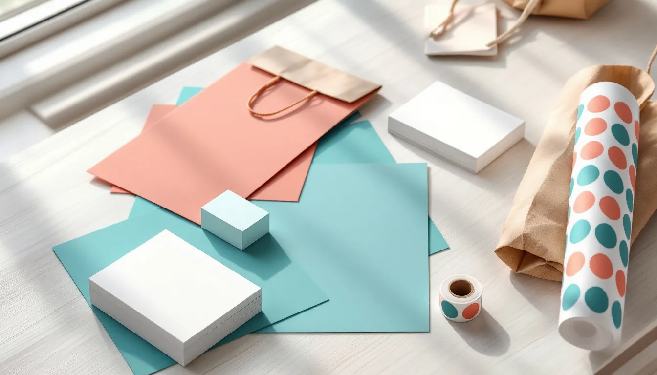 Identité visuelle en Guadeloupe : cartes de visite vierges, papeterie corail et turquoise, sac kraft et rouleaux d’autocollants prêts à imprimer