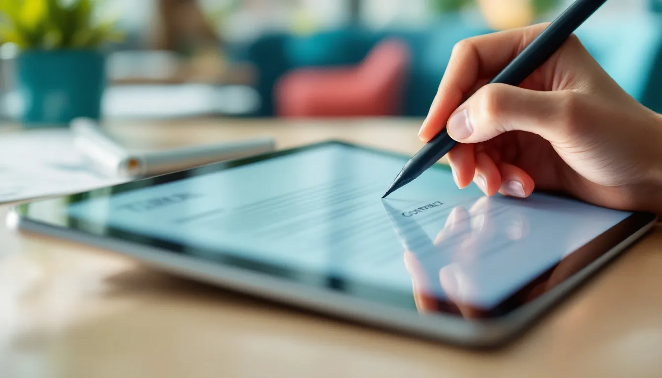Signature électronique au niveau qualifié : un stylet paraphe un contrat numérique sur une tablette, horodatage visible à l’écran