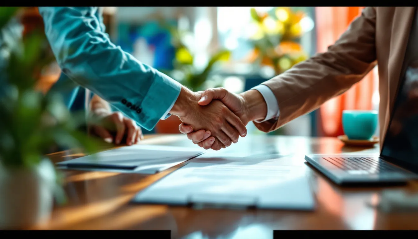Signature électronique acceptée par un client en Guadeloupe : deux associés se serrent la main devant un contrat signé affiché sur un écran d’ordinateur