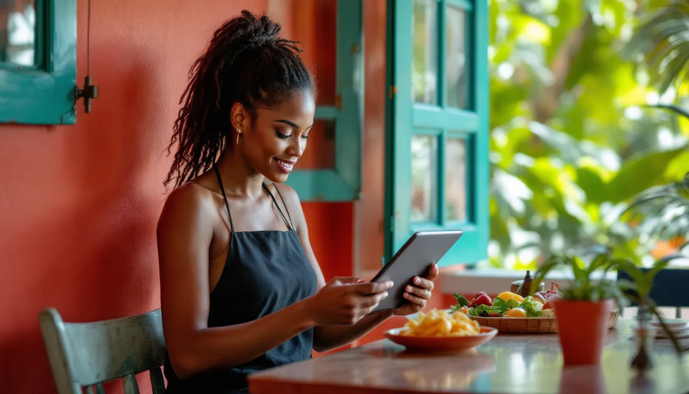 Site internet restaurant Guadeloupe : restauratrice consultant la carte en ligne sur une tablette, en terrasse créole aux murs corail sous les volets turquoise