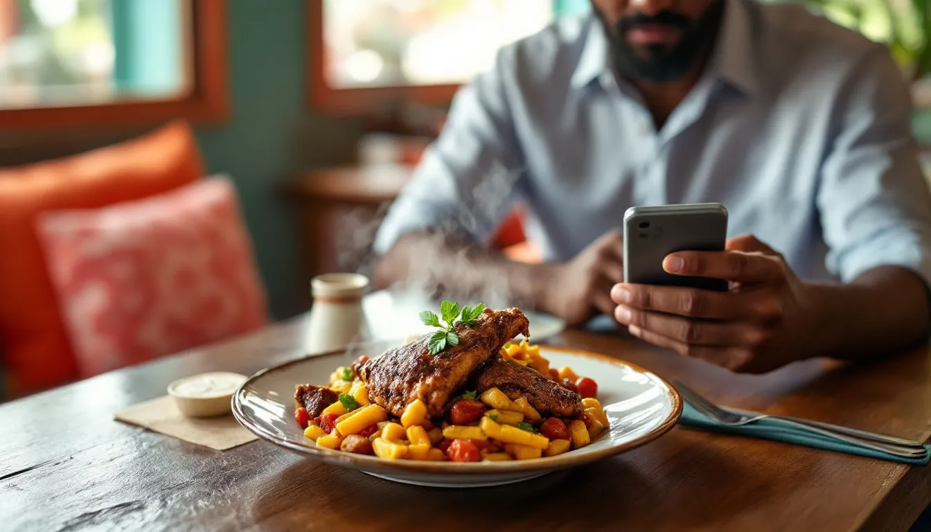 Site internet restaurant Guadeloupe : client réservant une table depuis son téléphone, face à un plat de colombo fumant sur une table en bois